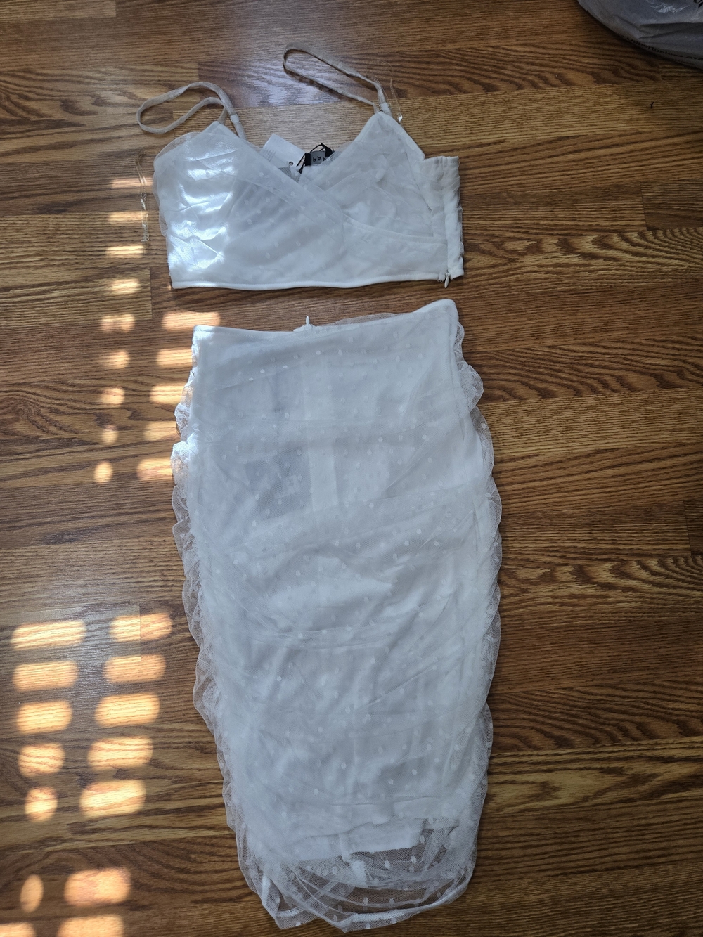 NWT White Sheer Ruched Polka Dot Mesh Crop Top